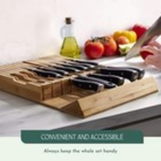 Bamboo Knife Drawer Organizer 16-Slot + Sharpener Slot | Eco-Friendly Holder