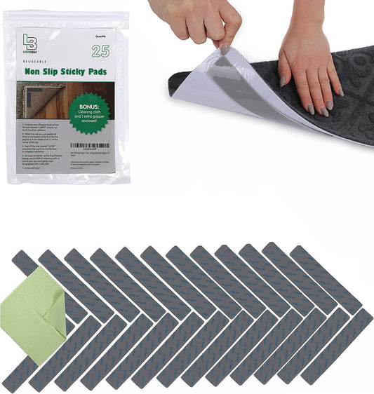 Rug Pad Grippers for Area Rugs Pack of 25 Reusable, No Skid, Washable, Anti-Slip Pads, Rug Gripper for Hardwood Floors and Tile with Double-Sided, Self Adhesive Rug Tape to Keep Rugs Flat