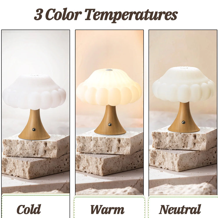 Wooden Mushroom Lamp, Mushroom Bedside Table Light, 3 Colors Adjustable LED Small Night Light