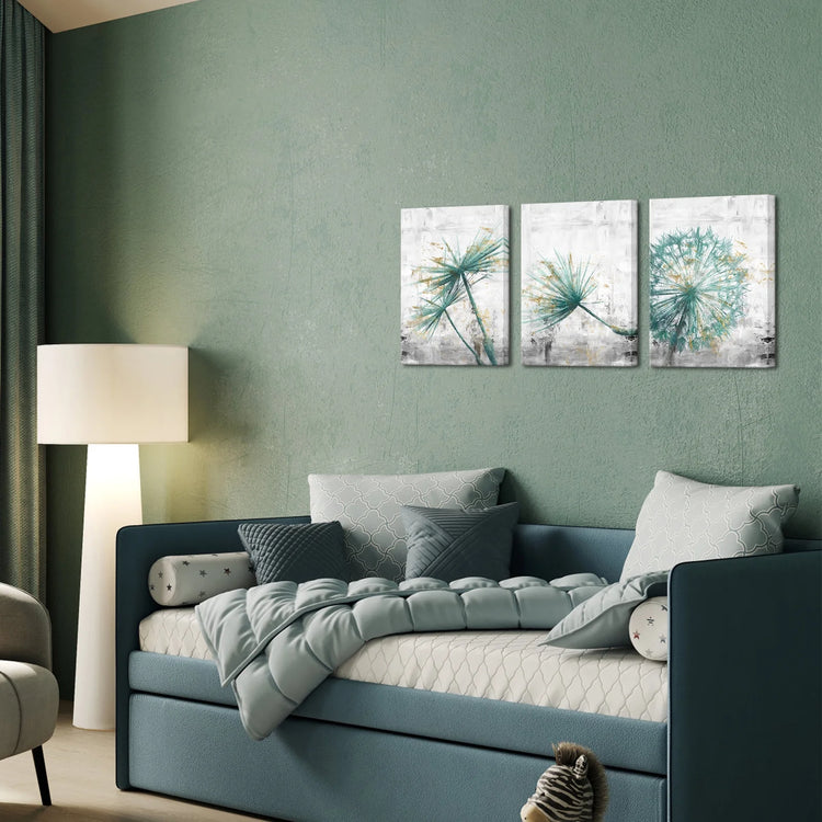 3 Pieces 12X16 Inch Framed Canvas Wall Art Clearance Kit Teal Dandelion on Rustic Grey Print 3 Picture Picture Canvas Poster Home Artwork Painting Decoration for Living Room Bedroom