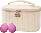 Makeup Bag Organizer – 2-In-1 Cosmetic Bag with 2 Makeup Sponges Portable Travel Toiletry Case for Women with Zipper & Handle – Large Capacity Beauty Storage