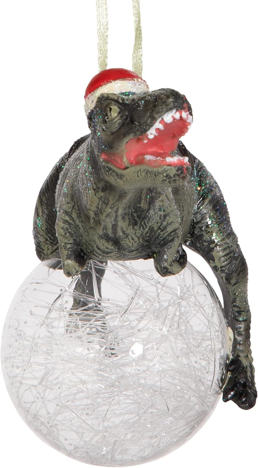 Blitzer the T Rex Dinosaur Christmas Tree Ornament, 5 Inch Long, Cast Stone Resin with Glass Ball, Green Glitter Finish