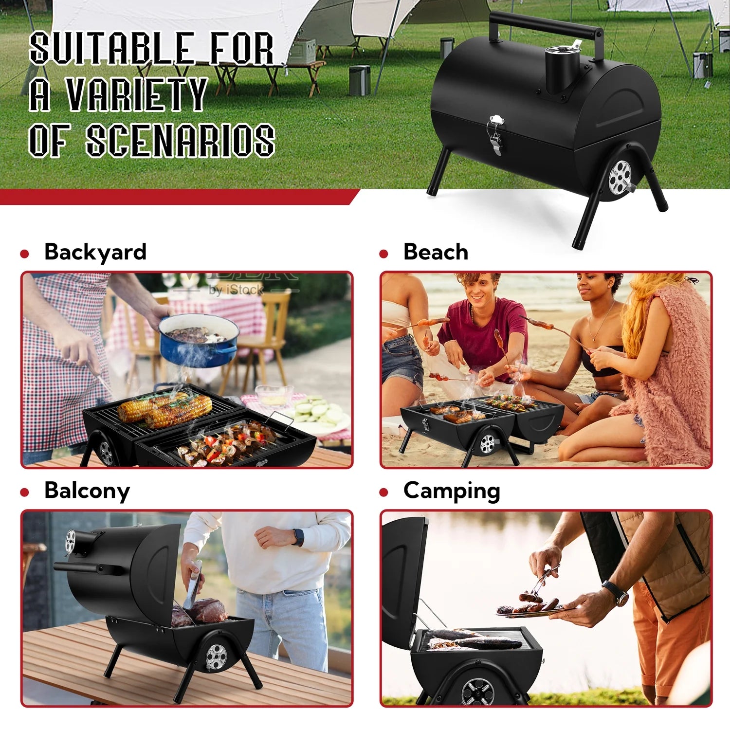 Portable Outdoor Tabletop Charcoal Grill, Multi-Functional Food-Safe Barbecue Smoker for Backyard Camping Picnics Beach, Compact & Heavy Duty