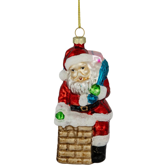 Santa down the Chimney Hanging Glass Christmas Hanging Ornament - 4.75" - Red