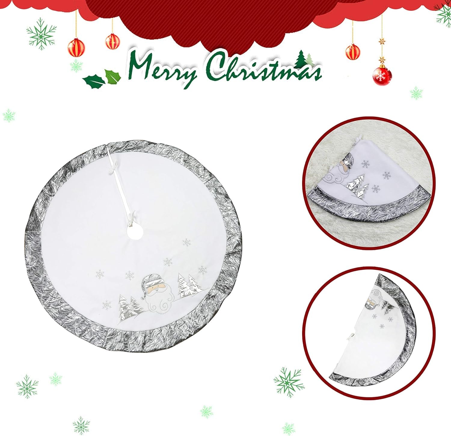 36'' Luxury Silvery Christmas Tree Skirt Santa Embroidered White Santa Claus Snowflake with Satin Border Xmas Tree Skirt Christmas Tree Ornaments Gifts