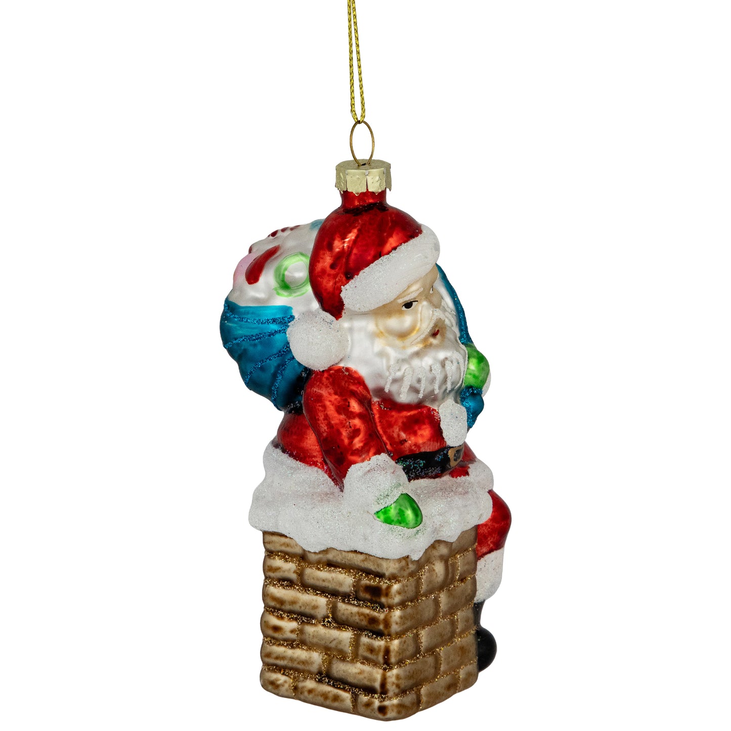 Santa down the Chimney Hanging Glass Christmas Hanging Ornament - 4.75" - Red
