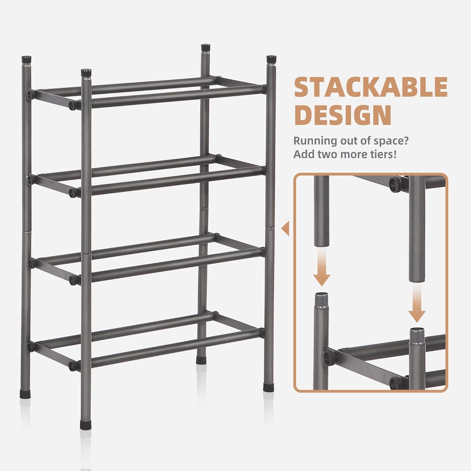 Expandable Shoe Rack, 8 Pairs Stackable Small Shoe Rack, Metal Adjustable Shoes Organizer for Closet, Entryway, Hallway, Garage, Front Door, Shoes Shelves, Black 2 Tier