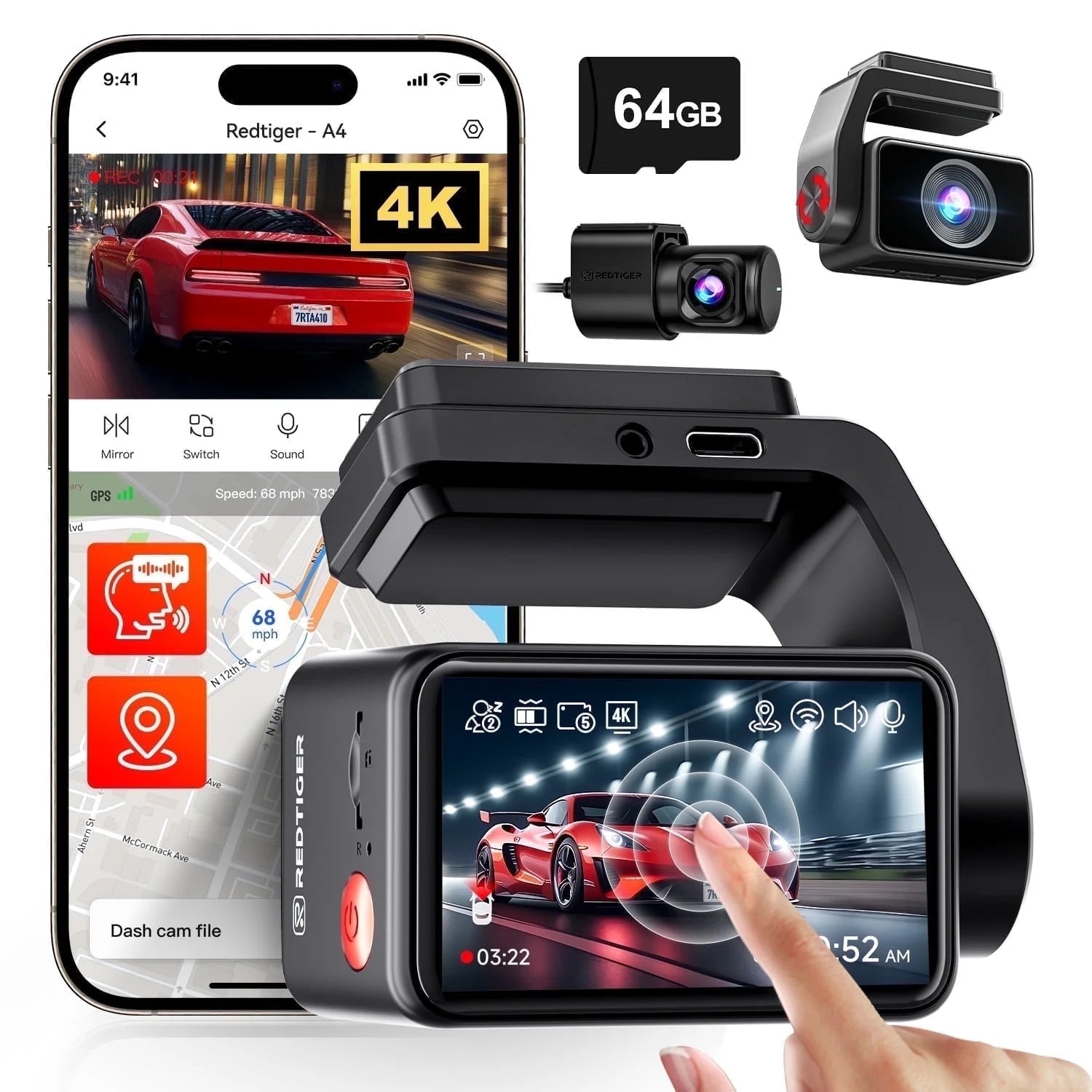 A4 Dash Cam Front and Rear, 4K Car Dash Camera with GPS& 5G Wifi, Touch Screen, 64GB Card, Voice Control Dashcam, Super Night Vision, Front and Rear Dash Cam with G-Sensor