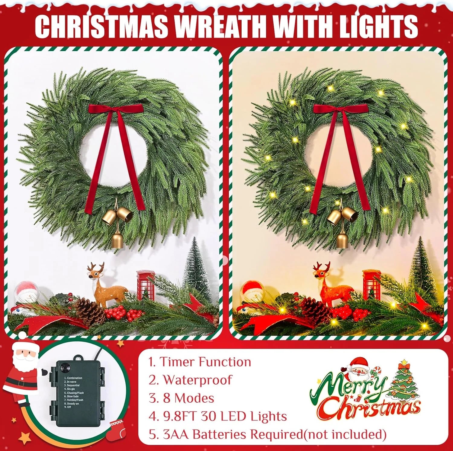 Norfolk Christmas Wreath with Lights,24 Inch Pre-Lit Artificial Holiday Wreath with Bow & Bells, Battery Operated, Front Door Christmas Decorations Indoor Outdoor