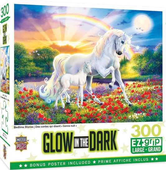 - 300 Piece Jigsaw Puzzle with Large EZ Grip Shapes, Glows in the Dark, Bedtime Stories, Activity Fun for Adults, Seniors, Family, Kids, 18" X 24"