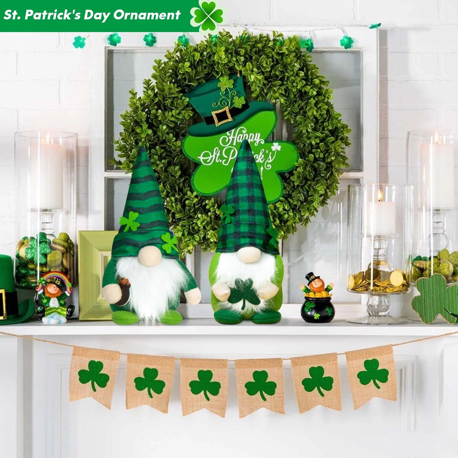 St Patricks Day Decorations, 2 Pcs Shamrock Gnomes Plush St Patricks Day Gifts for Home Table Decor, 11 Inch (Green)