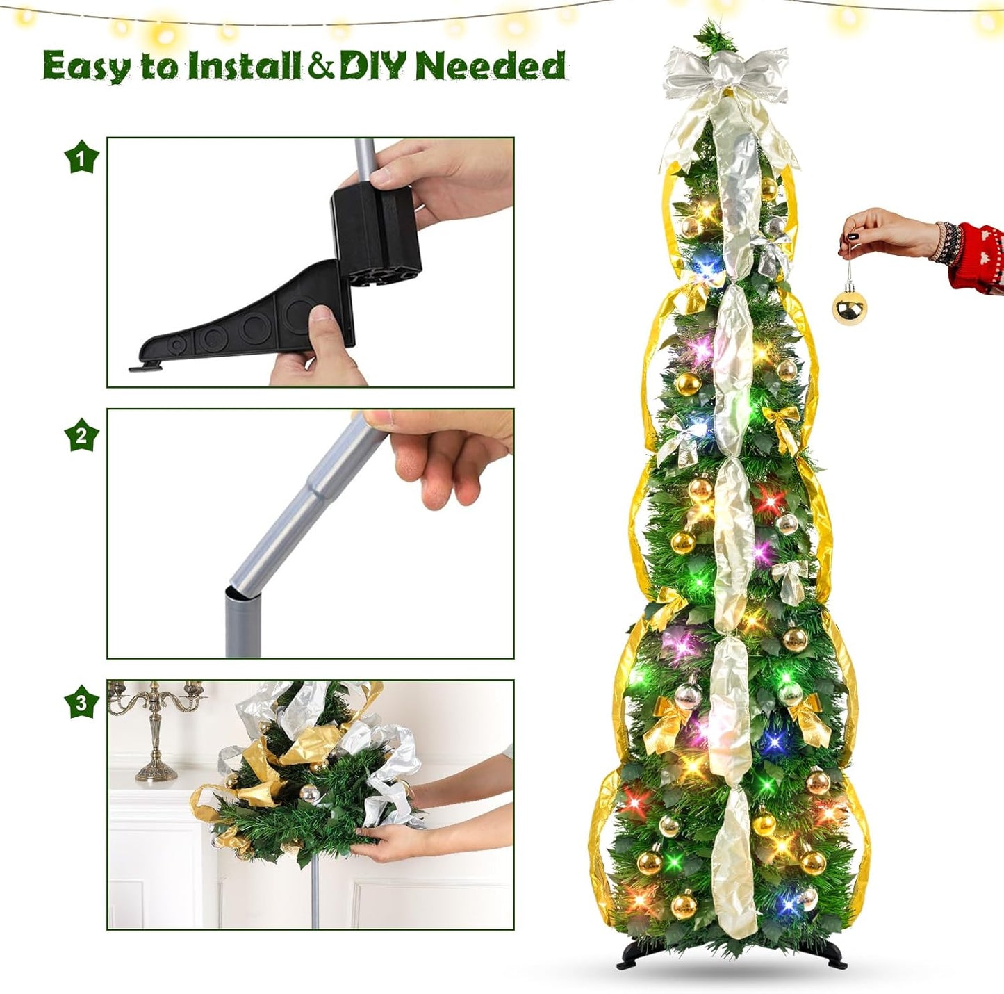 Pop up Christmas Tree Decorations Artificial Collapsible Tree with Lights 8Modes&Timer Predecorated Pencil Tinsel Tree for Home Apartment Office Indoor Outdoor Party Xmas Décor, 3FT, Green