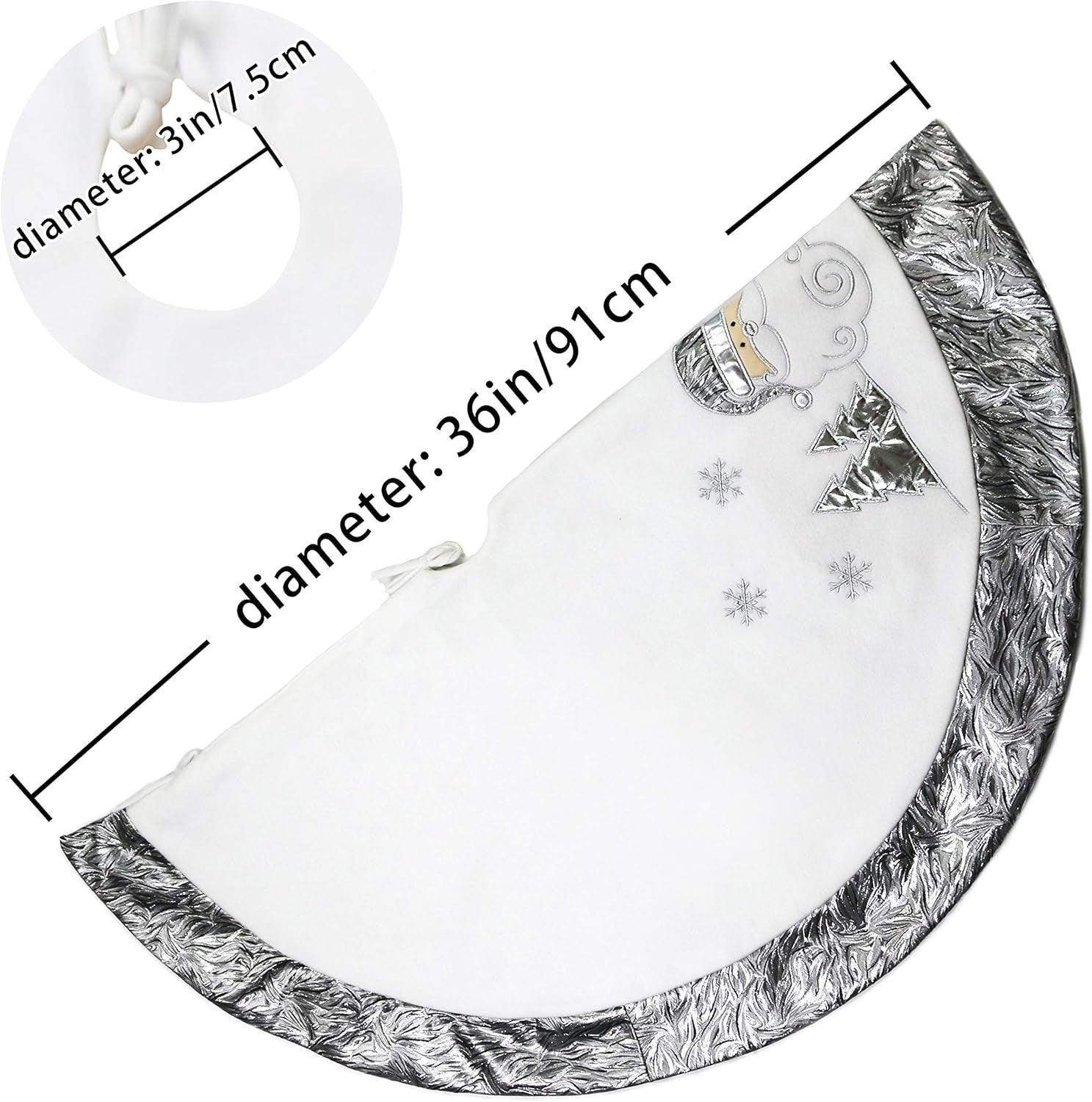 36'' Luxury Silvery Christmas Tree Skirt Santa Embroidered White Santa Claus Snowflake with Satin Border Xmas Tree Skirt Christmas Tree Ornaments Gifts