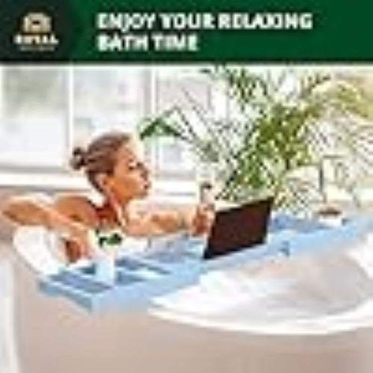 Royal Craft Wood Expandable Bathtub Caddy Tray – Blue with Soap Holder