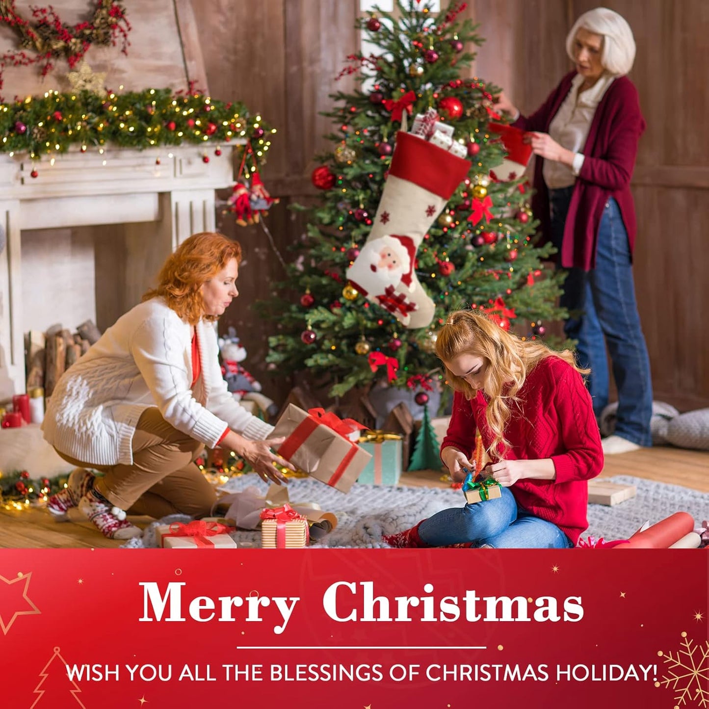 Christmas Stockings 4 Pack, 18'' Large Xmas Stockings for Christmas Decoration, Santa Snowman Ornaments, Rustic Classic DIY Craft Gifts Decor for Family Holiday Party Home Christmas Eve