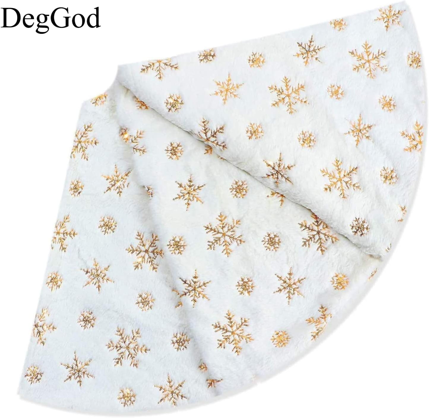 Plush Christmas Tree Skirts, 30 Inches Luxury Snowy White Faux Fur Xmas Tree Base Cover Mat with Gold Snowflakes for Xmas New Year Home Party Decorations (30 Inches, Gold)