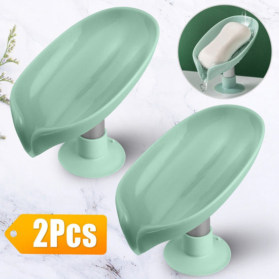 2Pcs Soap Dishes Holder Self Draining Leaf Shape Box Saver Suction Cup Bathroom
