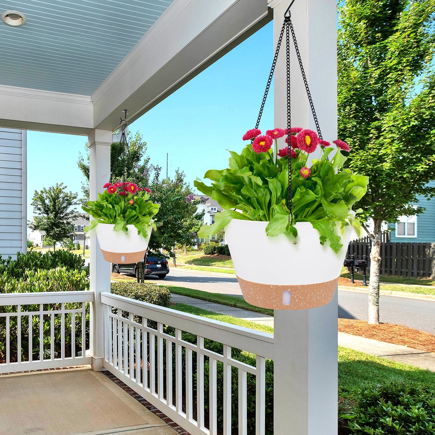 2 Pack 8 Inch Plastic White Hanging Planters with 3 Hooks, Hanging Plant Pot Basket with Drainage Hole for Garden Home