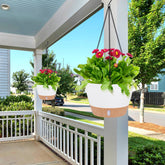 2 Pack 8 Inch Plastic White Hanging Planters with 3 Hooks, Hanging Plant Pot Basket with Drainage Hole for Garden Home