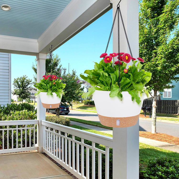 2 Pack 8 Inch Plastic White Hanging Planters with 3 Hooks, Hanging Plant Pot Basket with Drainage Hole for Garden Home