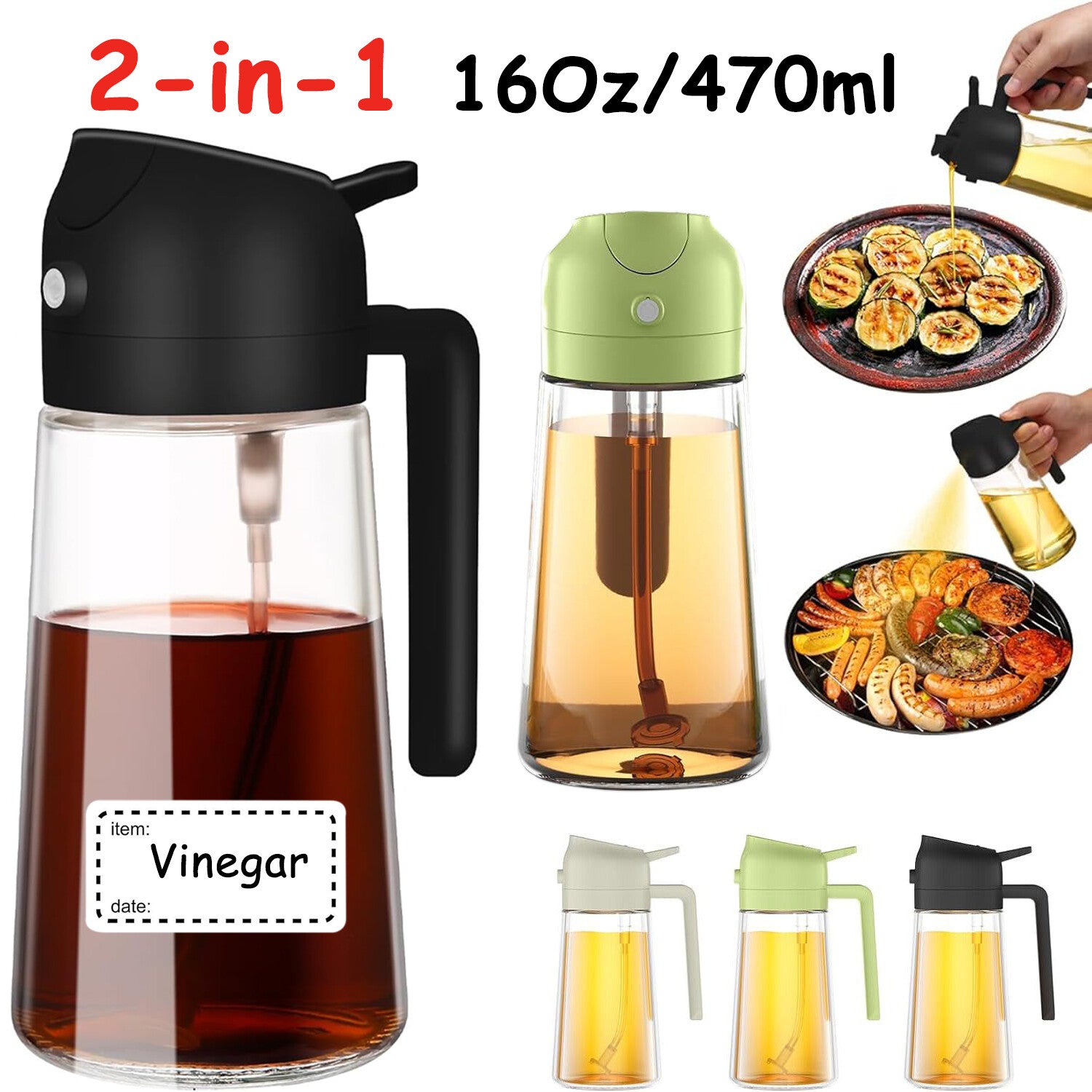 16Oz Oil Dispenser Bottle 2 in 1 Olive Oil Sprayer for Kitchen Cooking 470Ml