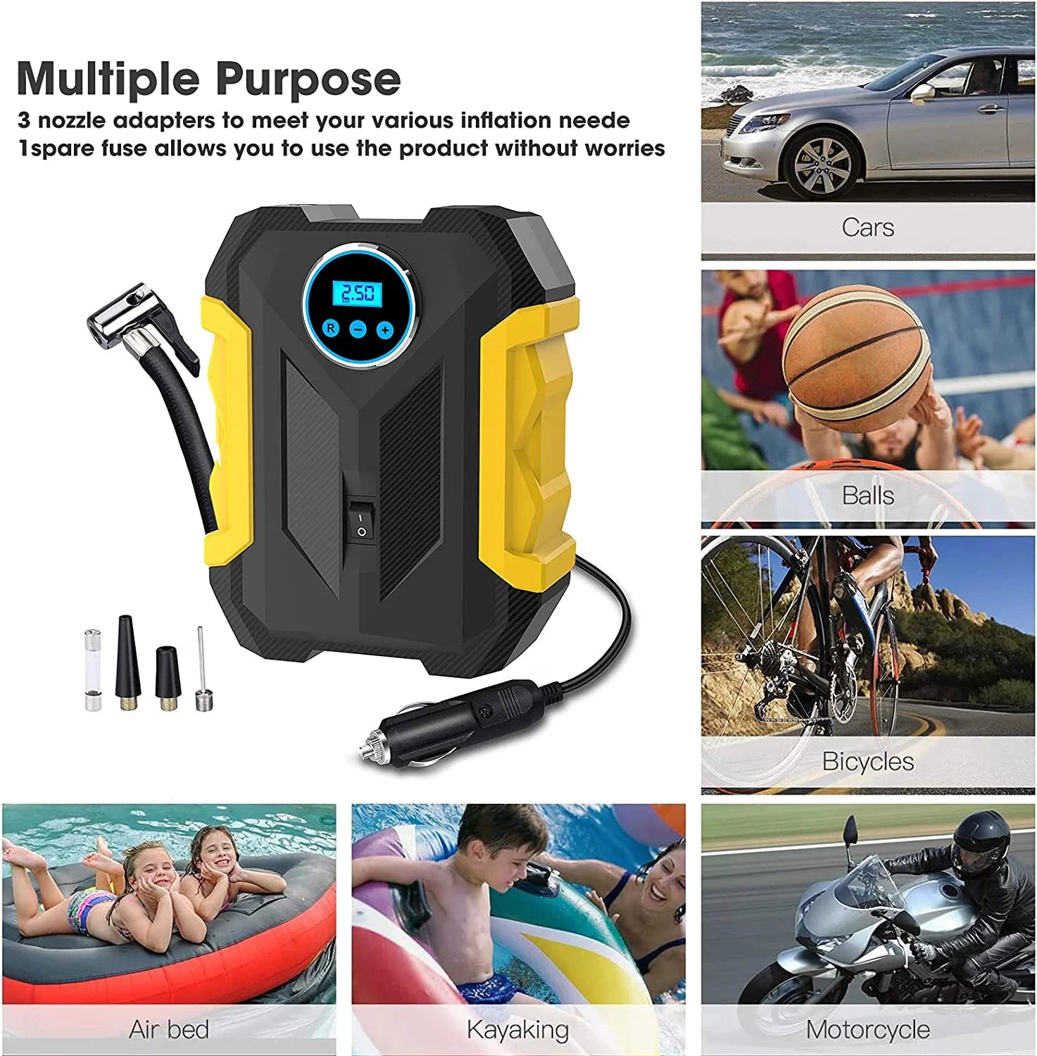 , Black/Yellow 12 V 150 PSI Portable Tire Inflator Air Compressor Pump