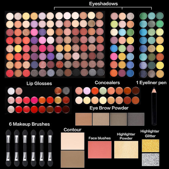 All in One Makeup Kit - Professional Eyeshadow, Lip Gloss, Concealer, Eyeliner, Contour, Eyebrow Powder, Face Blusher, Highlighter & Makeup Brushes for Women & Girls