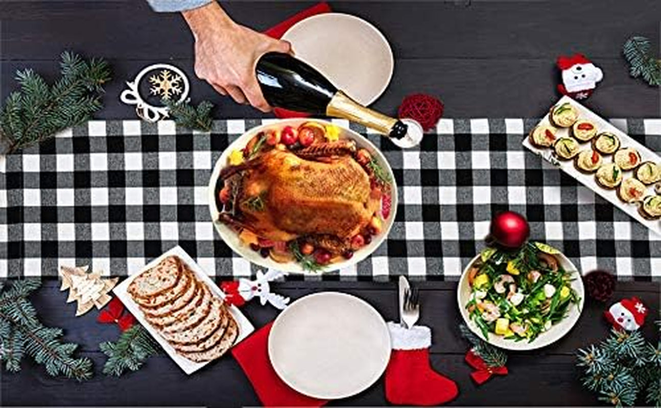 Buffalo Check Table Runner Cotton Black and White Plaid Classic Stylish Design for Family Dinner Christmas Holiday Birthday Party Table Home Decoration (Black and White, 14 X 60 Inch)