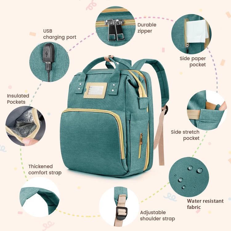 Multifunctional Diaper Bag Backpack with Changing Station & Insulated Pockets, Green