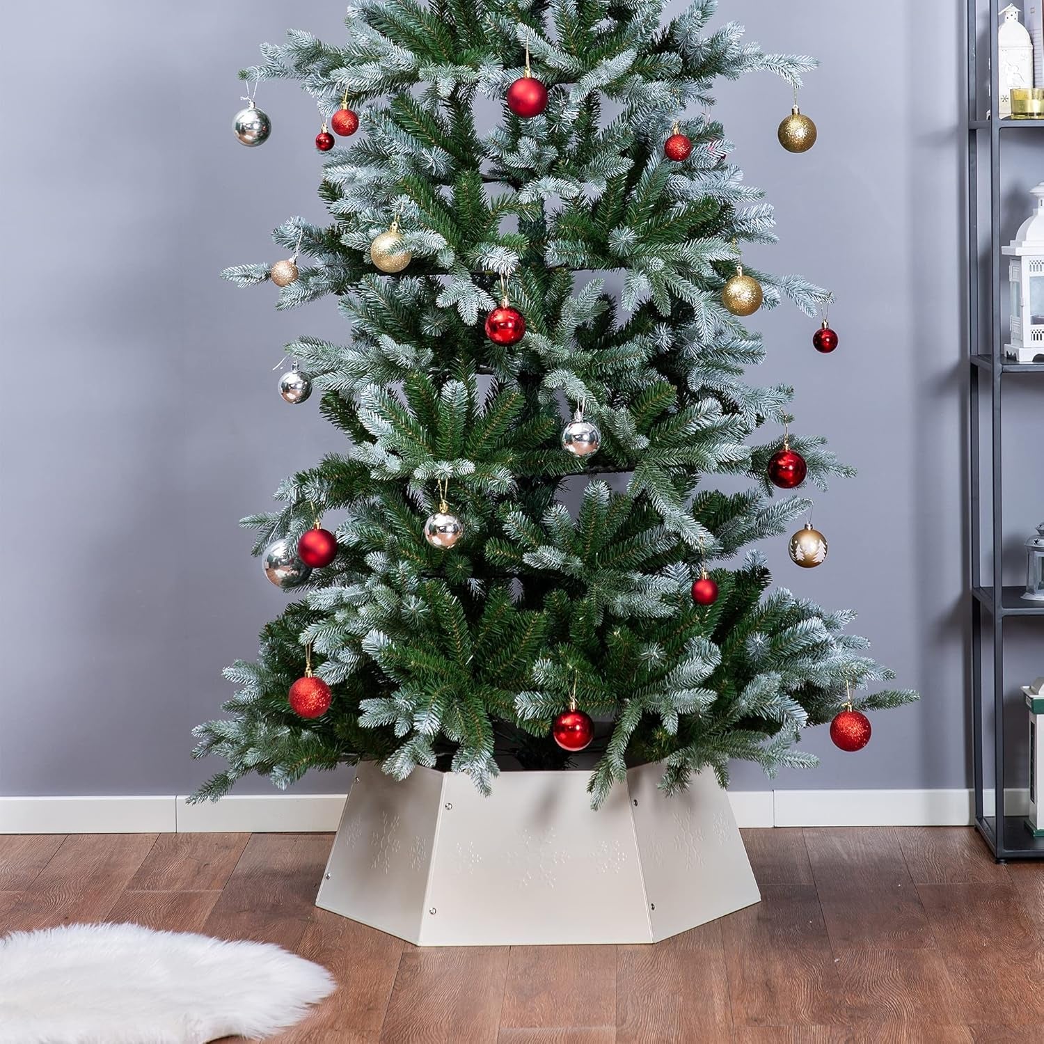 Metal Christmas Tree Ring, Christmas Tree Collar with Printed Snowflake, Willow Tree Skirt Base Stand for Christmas Tree Decorations (Cream White)