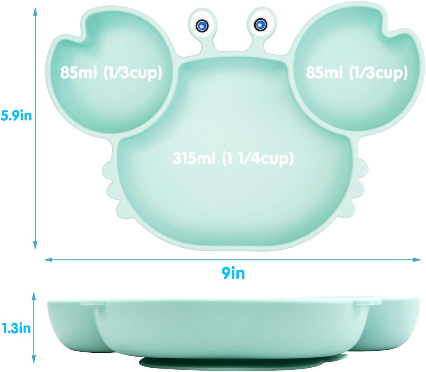 Silicone Suction Plate for Toddlers with Fork Spoon Set - Self Feeding Training Divided Plate Dish and Bowl for Baby and Toddler, Fits for Most Highchairs Trays (Cyan)