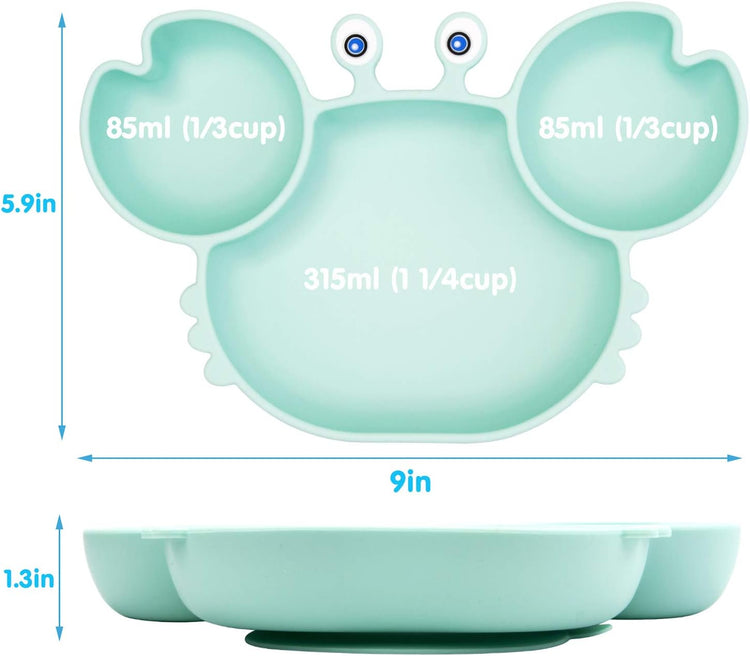 Silicone Suction Plate for Toddlers with Fork Spoon Set - Self Feeding Training Divided Plate Dish and Bowl for Baby and Toddler, Fits for Most Highchairs Trays (Cyan)