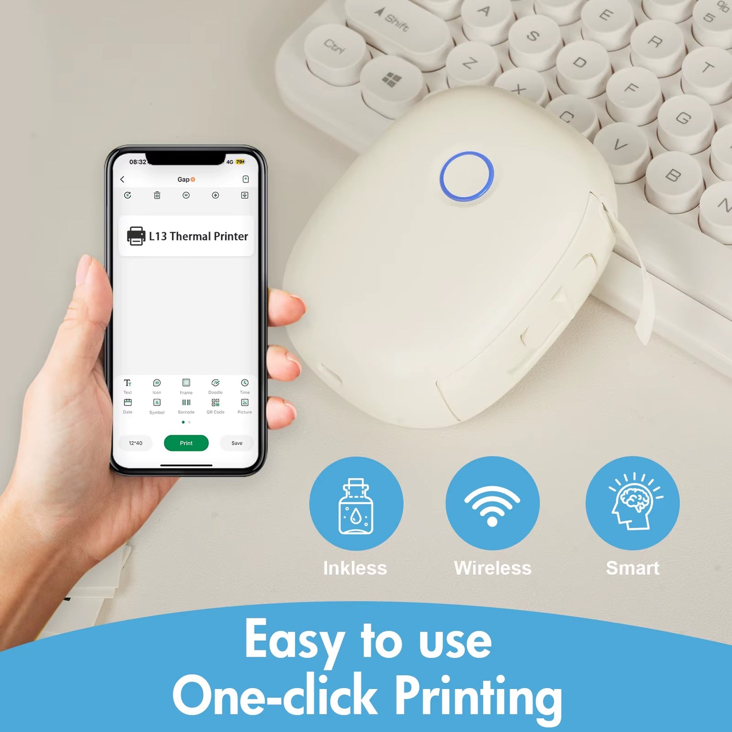 Mini Portable Wireless Inkless Thermal Printer Bluetooth Pocket Label Maker Home Study with 1Roll Stickable Label Paper