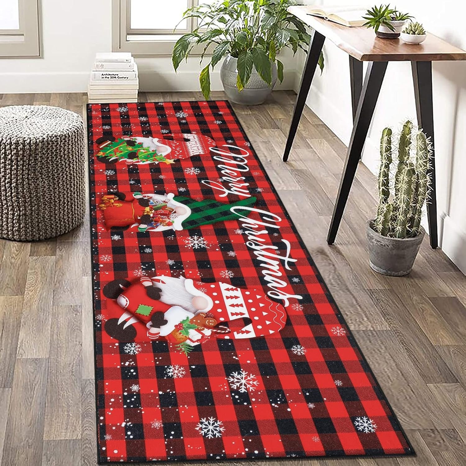 Christmas Gnome Hallway Runner Rug 2X6 Non Slip Washable Kitchen Area Rug Farmhouse Red Buffalo Plaid Door Mat Entryway Rug Carpet Runner for Laundry Room Bedroom Christmas Decorations