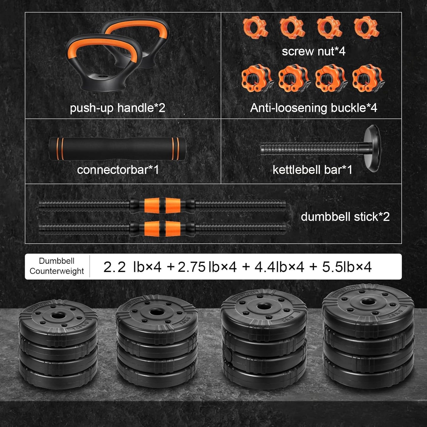 Adjustable Dumbbell Set, 22/44/66/88Lbs Free Weights, 4-In-1 Barbell & Kettlebell Set, Non-Slip Handles, Fitness for Men & Women