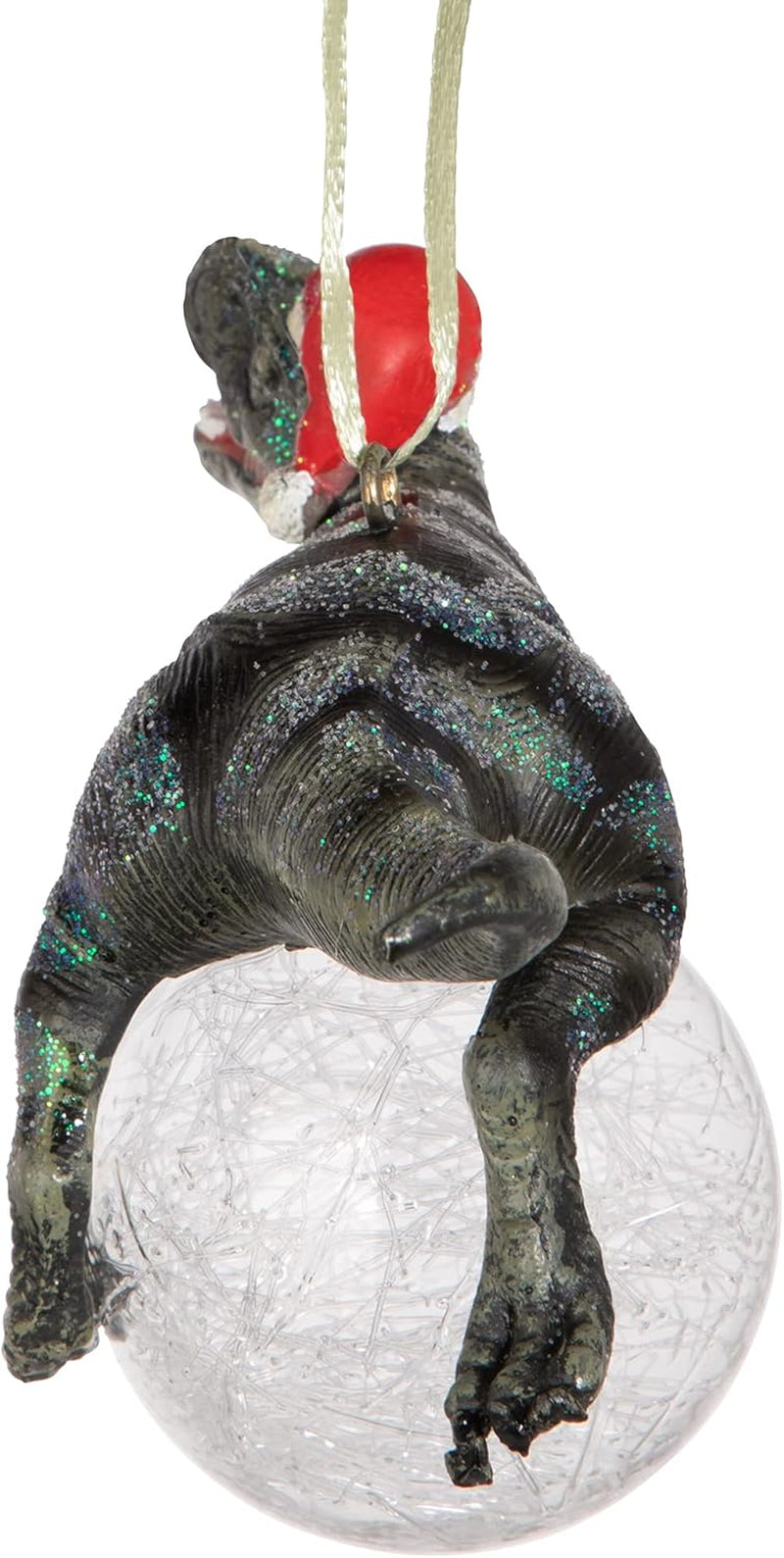 Blitzer the T Rex Dinosaur Christmas Tree Ornament, 5 Inch Long, Cast Stone Resin with Glass Ball, Green Glitter Finish