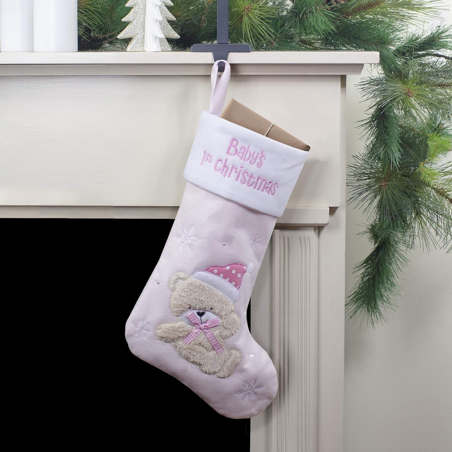Baby'S 1St Christmas Embroidered Teddy Bear Stocking, 19", White/Pink