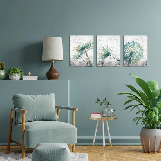 3 Pieces 12X16 Inch Framed Canvas Wall Art Clearance Kit Teal Dandelion on Rustic Grey Print 3 Picture Picture Canvas Poster Home Artwork Painting Decoration for Living Room Bedroom
