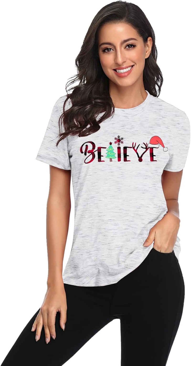 Christmas Believe Tree Shirt Cute Short Sleeve Christmas Graphic Tee Shirts Tops for Women Christmas Shirts White
