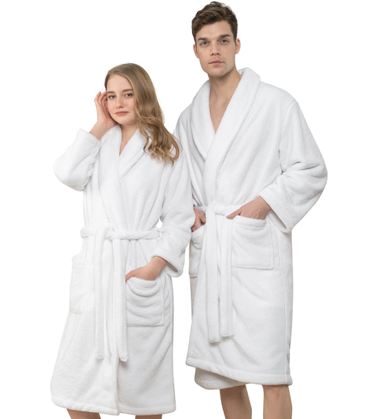 Men & Women Super Soft Fleece Bathrobe with Shawl Collar, Front Pocket, Waist Belt, M-L, White