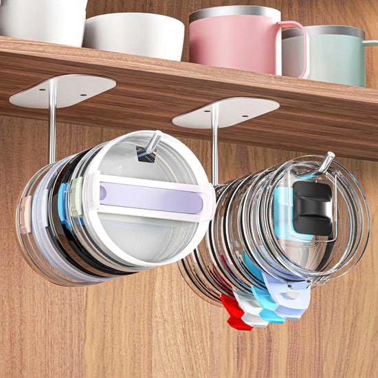Tumbler Lid Organizer under Cabinet Tumbler Lid Holder Hook for Kitchen Organizers and Storage Space Saving Cup Lid Organizer