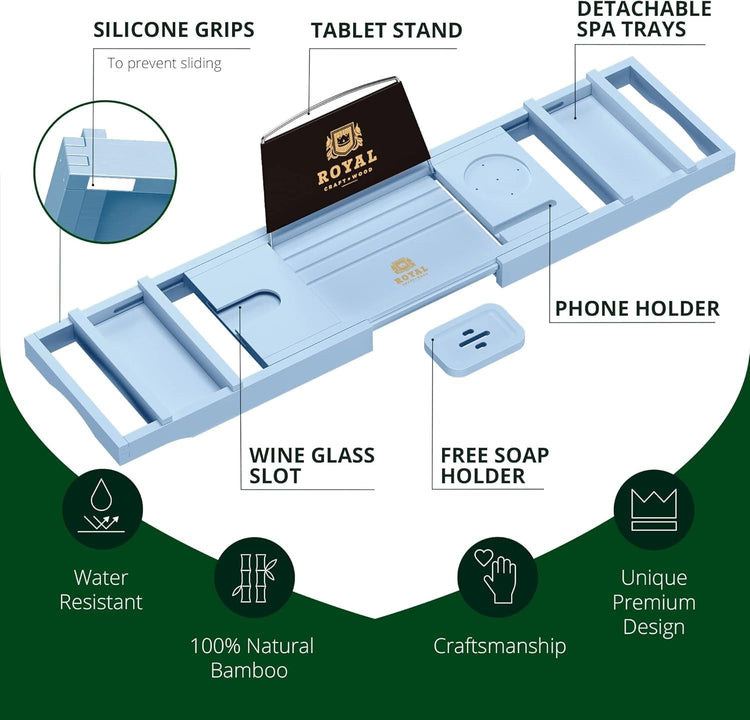 Royal Craft Wood Expandable Bathtub Caddy Tray – Blue with Soap Holder