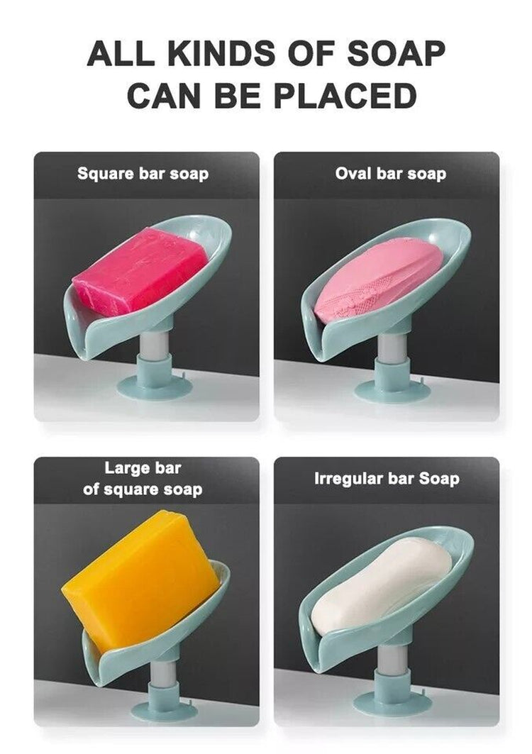 2Pcs Soap Dishes Holder Self Draining Leaf Shape Box Saver Suction Cup Bathroom