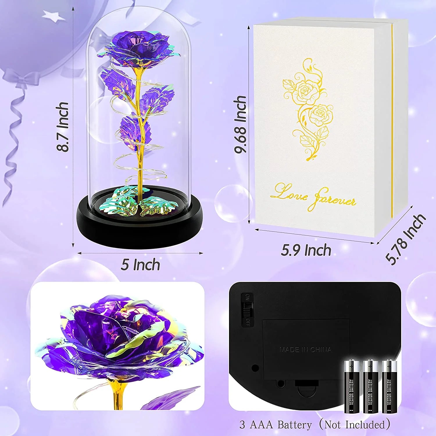 Purple Colorful Artificial Flower Rose Gift, Light up Rose Flowers Gift, Rose Flower in Glass Dome, Women Gifts Idea for Thanksgiving,Birthday, Anniversary on Any Occasion