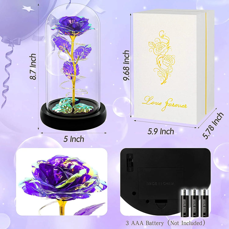 Purple Colorful Artificial Flower Rose Gift, Light up Rose Flowers Gift, Rose Flower in Glass Dome, Women Gifts Idea for Thanksgiving,Birthday, Anniversary on Any Occasion