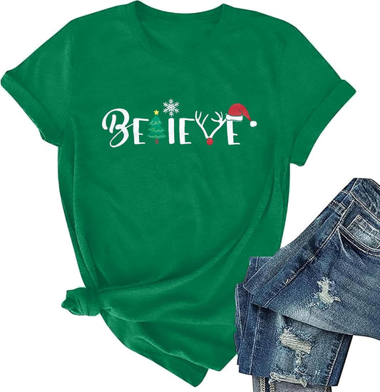 Christmas Shirt for Women Believe Letter Print T Shirts Asual Retro Holiday Short Sleeve Pullover Tops Xmas Gift