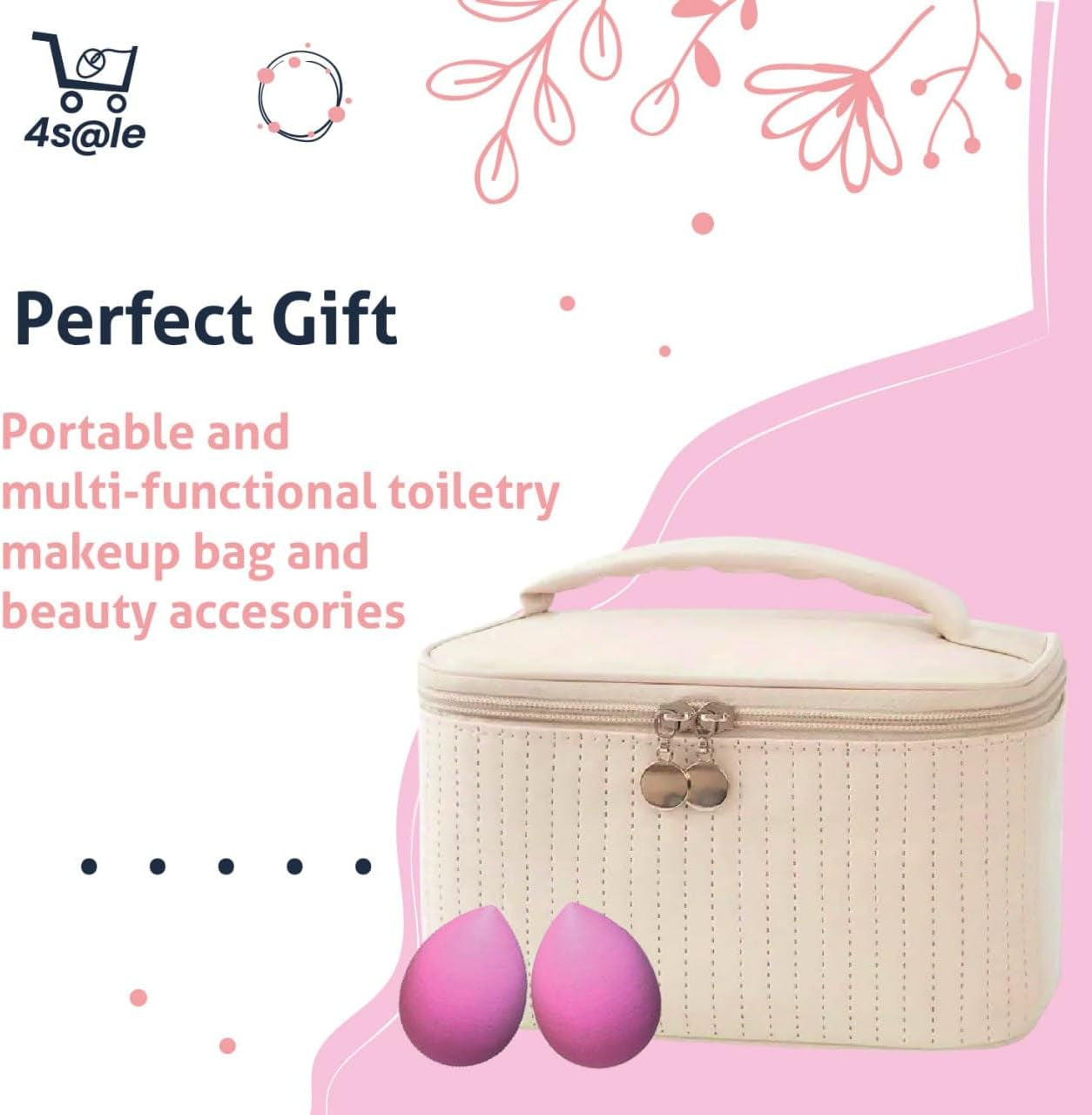 Makeup Bag Organizer – 2-In-1 Cosmetic Bag with 2 Makeup Sponges Portable Travel Toiletry Case for Women with Zipper & Handle – Large Capacity Beauty Storage