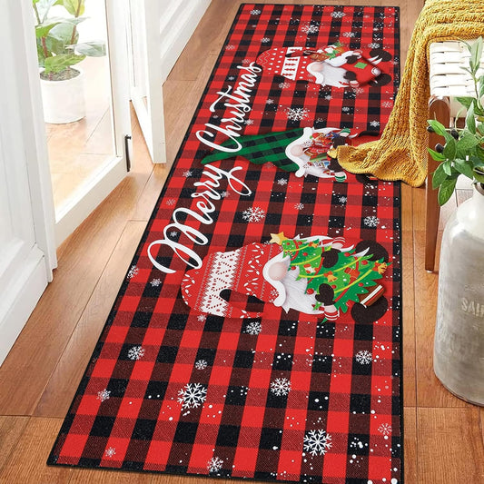 Christmas Gnome Hallway Runner Rug 2X6 Non Slip Washable Kitchen Area Rug Farmhouse Red Buffalo Plaid Door Mat Entryway Rug Carpet Runner for Laundry Room Bedroom Christmas Decorations