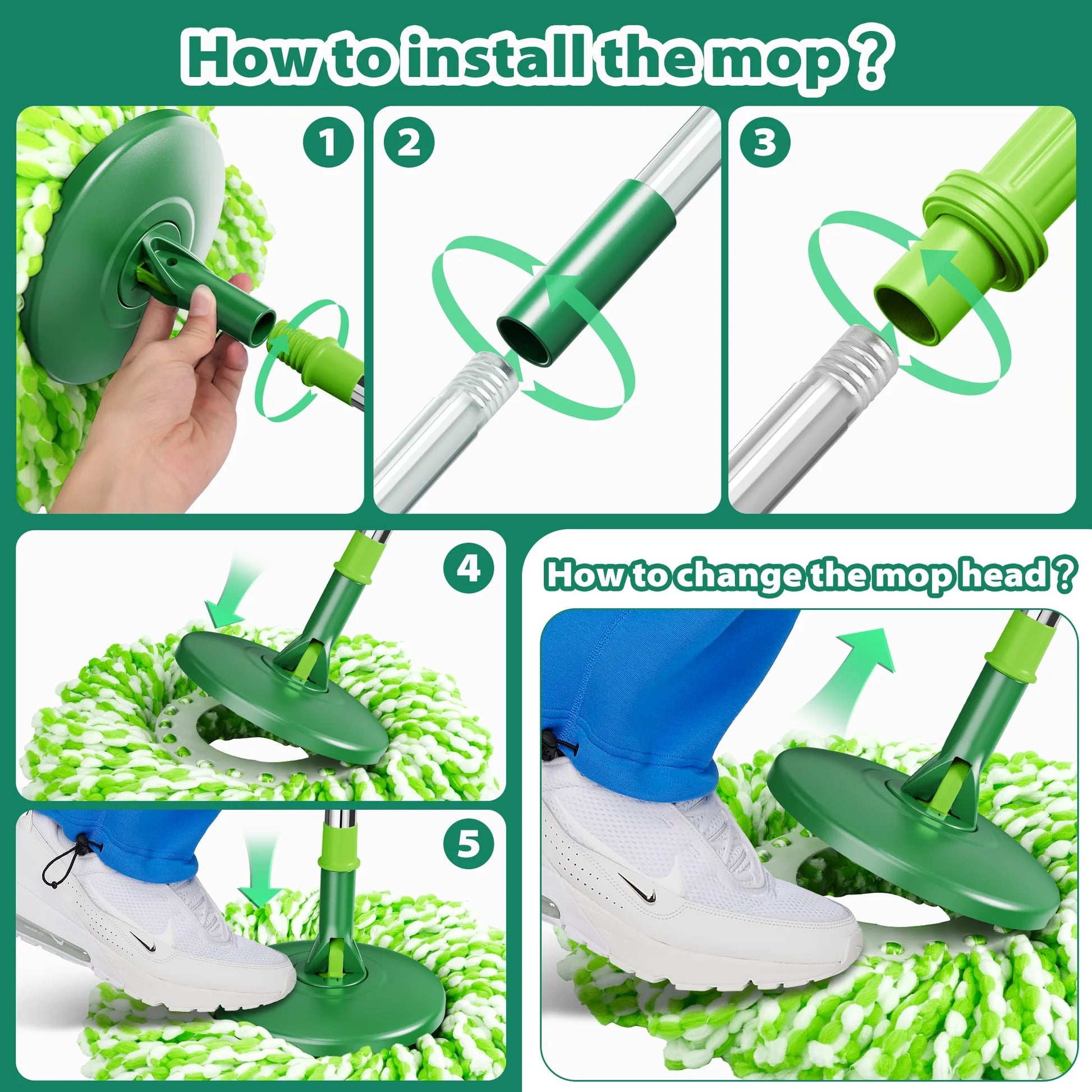 Spin Mop and Bucket System with Wringer Set for Floors Cleaning, 6 Refill Mop Pads