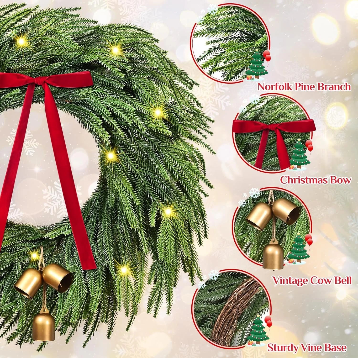 Norfolk Christmas Wreath with Lights,24 Inch Pre-Lit Artificial Holiday Wreath with Bow & Bells, Battery Operated, Front Door Christmas Decorations Indoor Outdoor